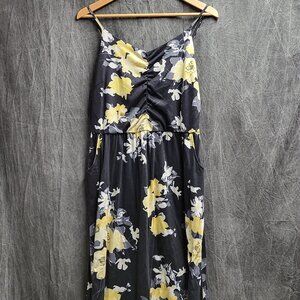 Women's XL Black Dress with Yellow Florals, Adjustable Straps, & Pockets
